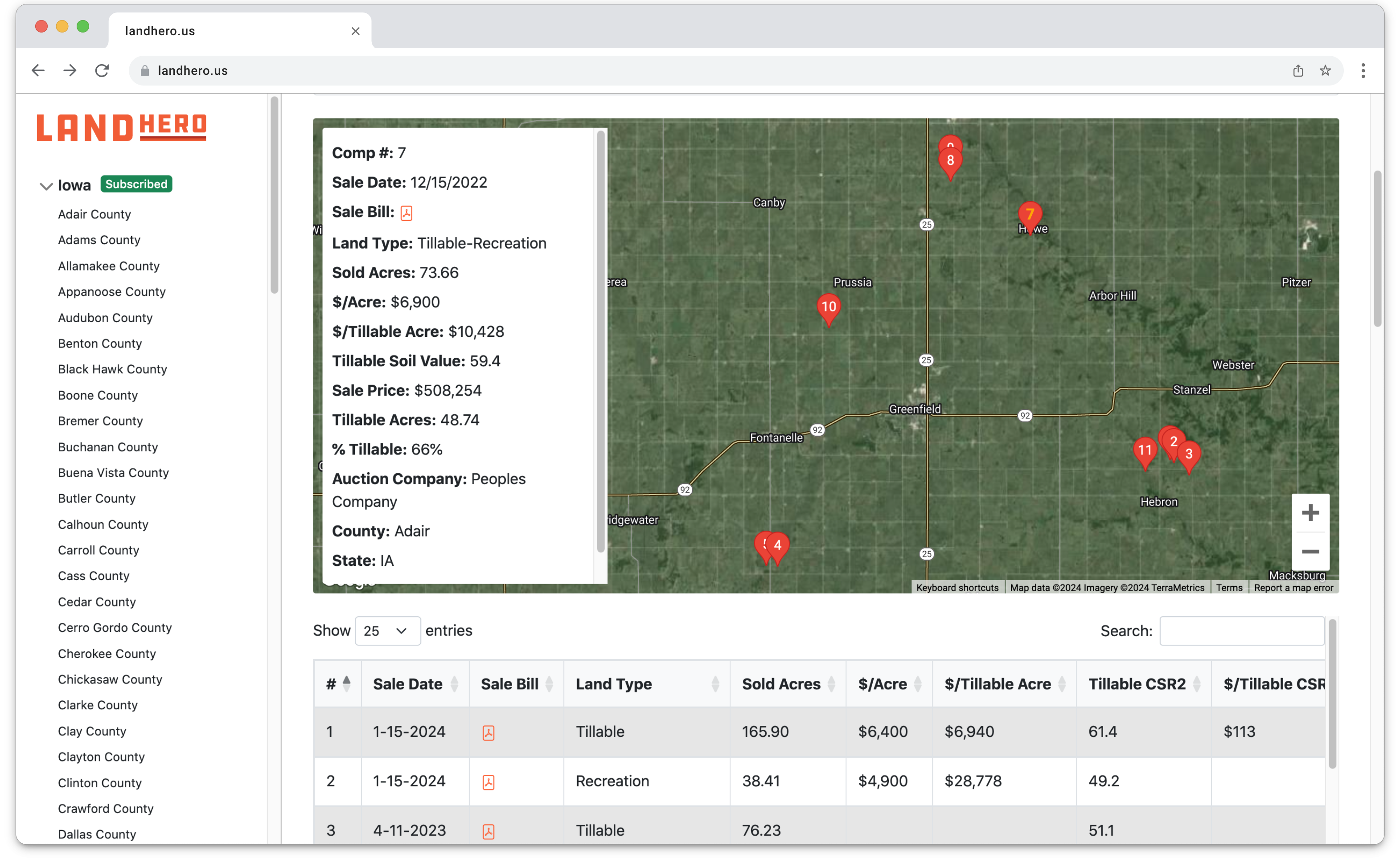 LandHero map view of Iowa farmland sale comps
