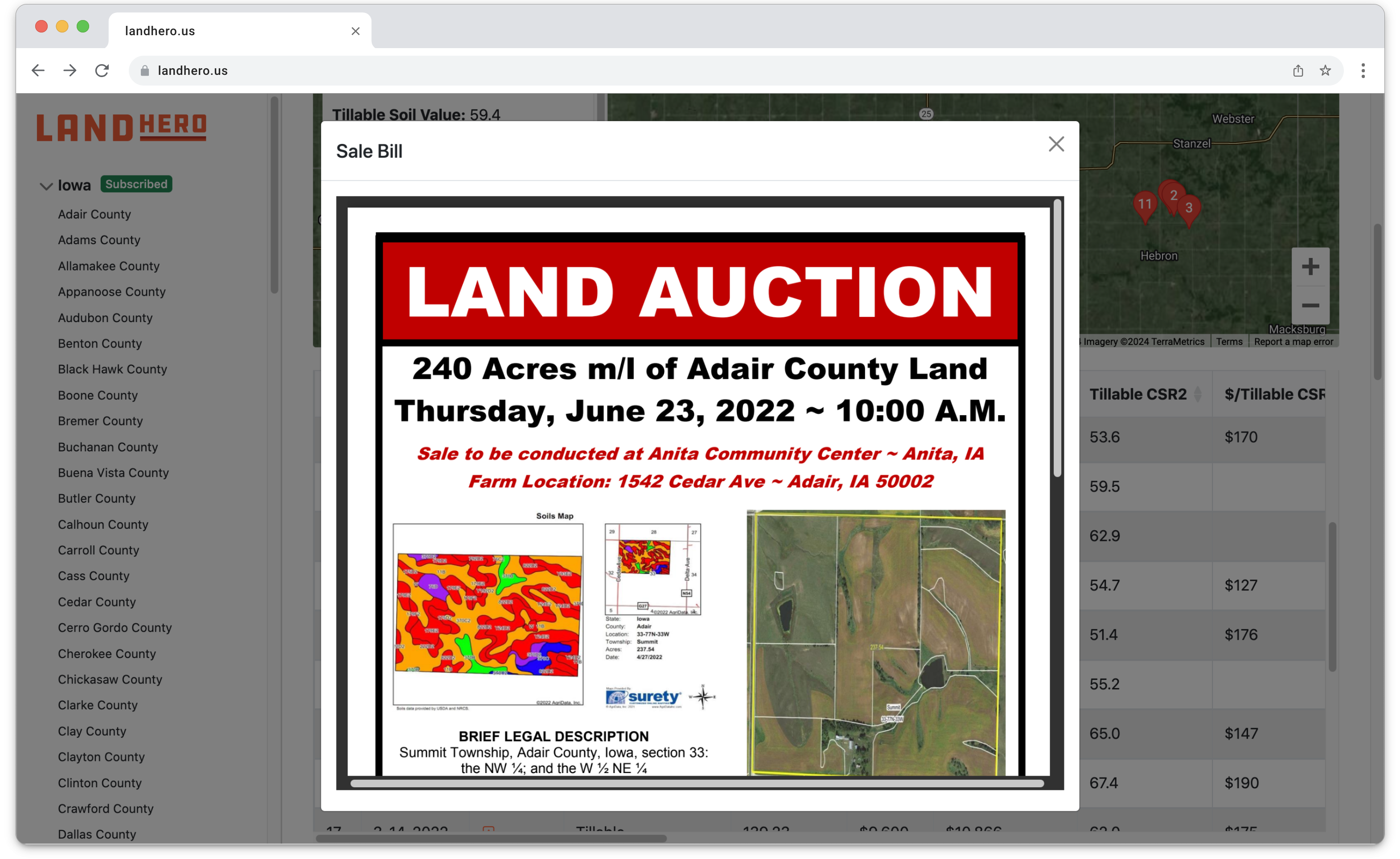 LandHero sale bill PDF attached to an Iowa farmland comp